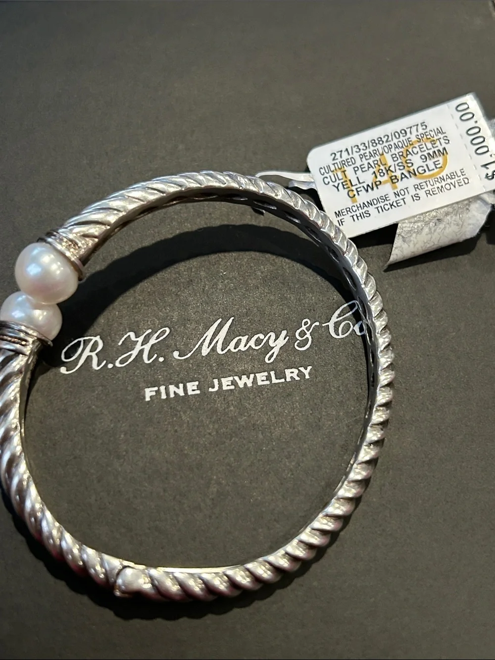 Silver-Tone Rope Bangle with White Pearl Accents